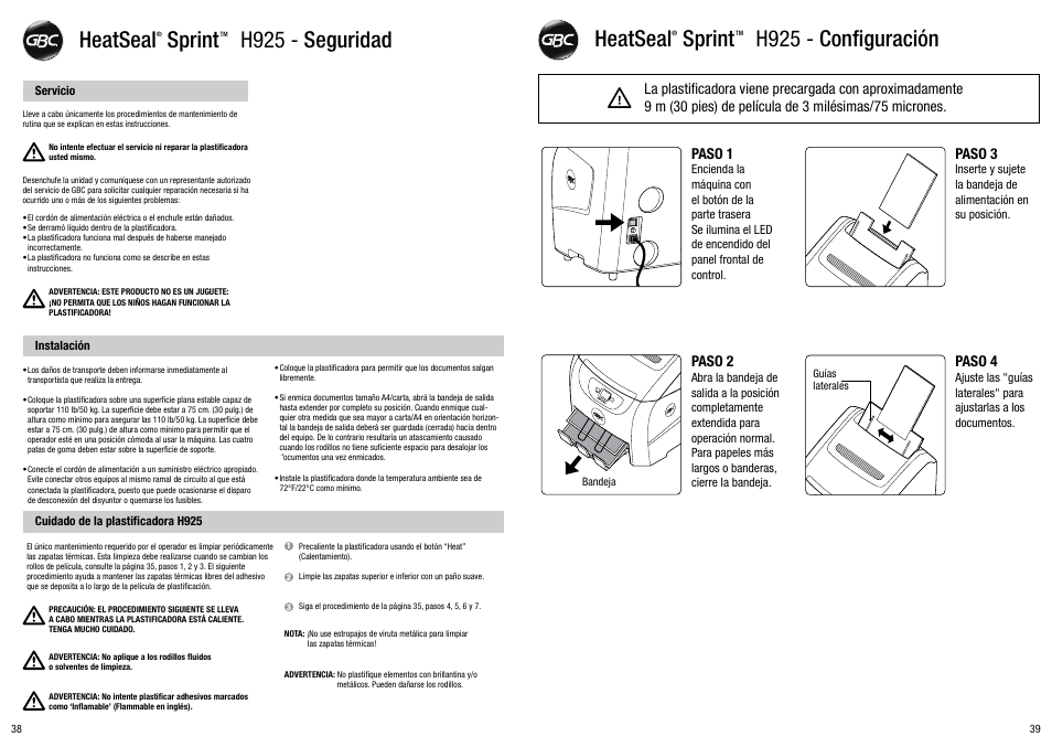 Heatseal sprint h925 - seguridad, Heatseal sprint h925 - configuración, Paso 2 | Paso 1, Paso 4, Paso 3 | GBC H925 User Manual | Page 20 / 27