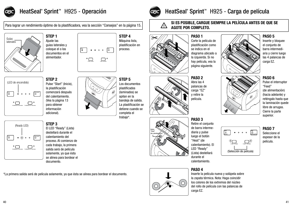 Heatseal sprint h925 - operación, Heatseal sprint h925 - carga de película, Step 1 | Step 5, Step 2, Step 4, Step 3, Paso 1, Paso 4, Paso 5 | GBC H925 User Manual | Page 21 / 27