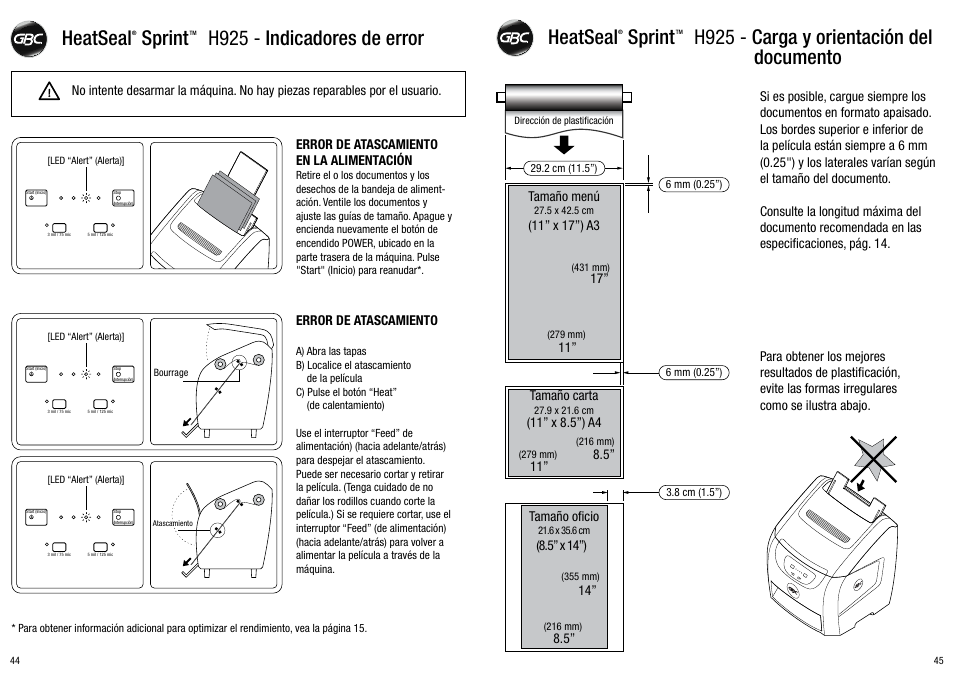 Heatseal sprint h925 - indicadores de error | GBC H925 User Manual | Page 23 / 27