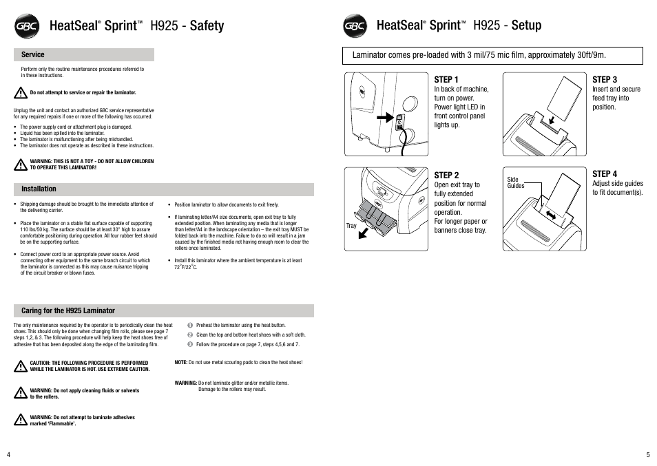 Heatseal sprint h925 - safety, Heatseal sprint h925 - setup, Step 2 | Step 1, Step 4, Step 3 | GBC H925 User Manual | Page 3 / 27