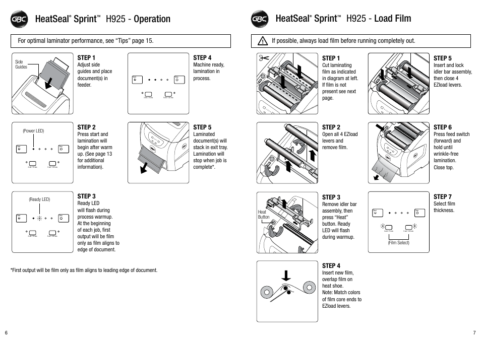 Heatseal sprint h925 - operation, Heatseal sprint h925 - load film, Step 1 | Step 5, Step 2, Step 4, Step 3, Step 6, Step 7 | GBC H925 User Manual | Page 4 / 27