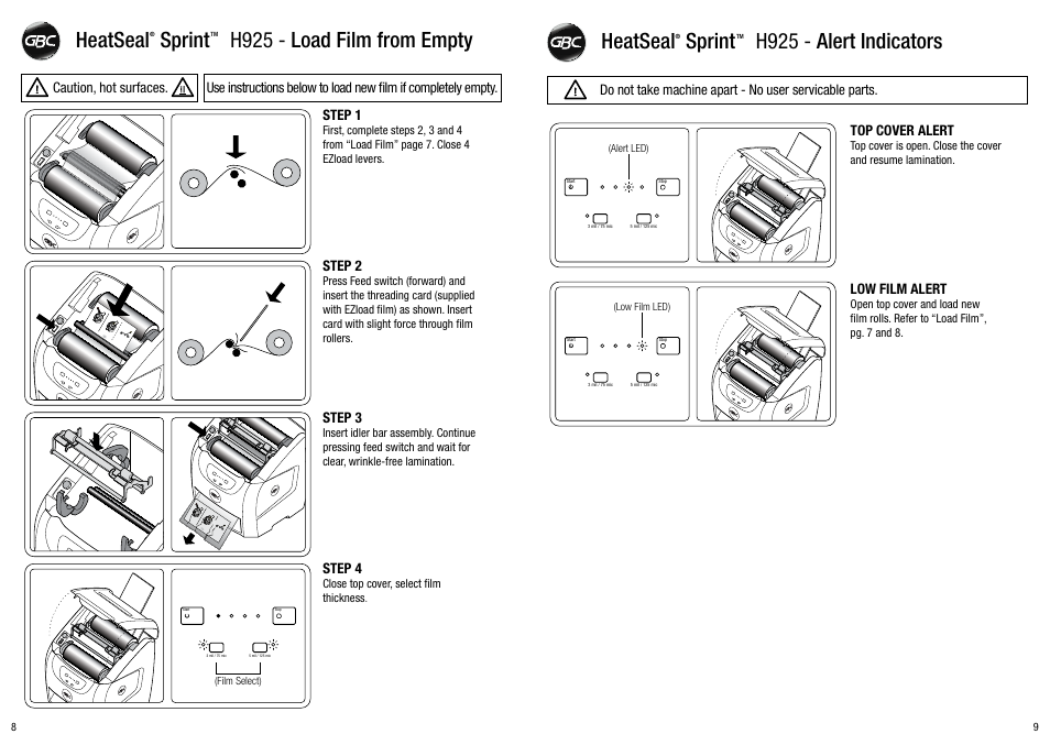 Heatseal sprint h925 - load film from empty, Heatseal sprint h925 - alert indicators, Step 1 | Step 2, Step 3, Step 4, Top cover alert, Low film alert | GBC H925 User Manual | Page 5 / 27