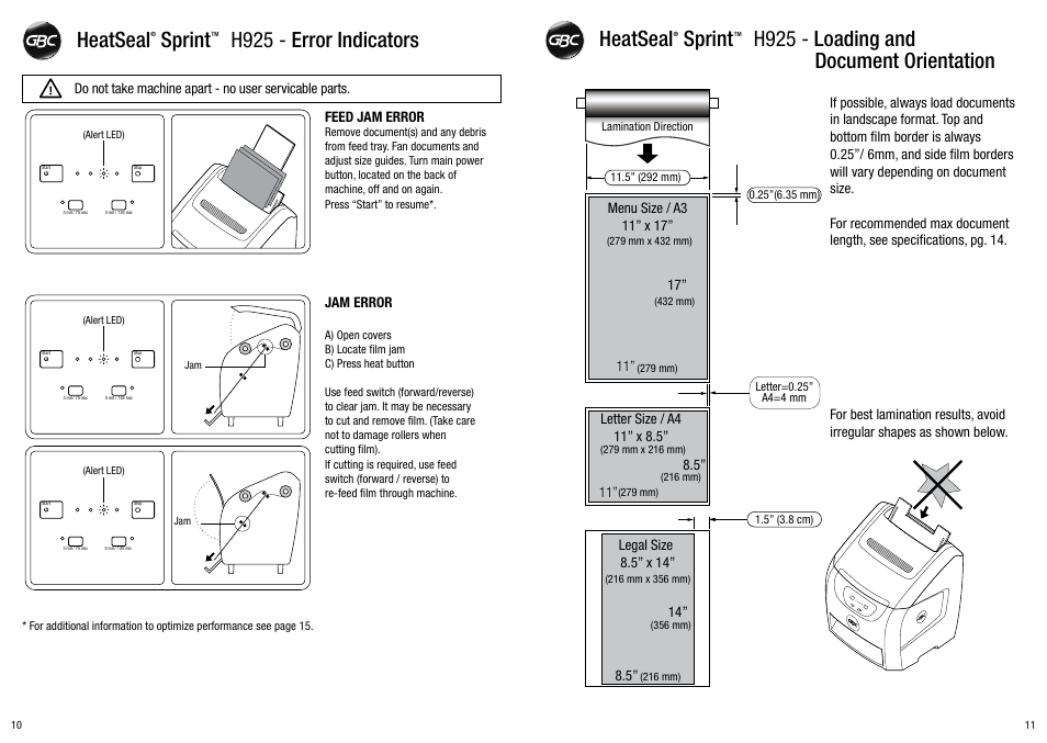 Heatseal sprint h925 - error indicators | GBC H925 User Manual | Page 6 / 27