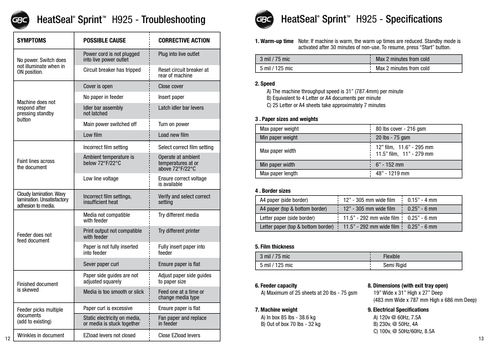 Heatseal sprint h925 - troubleshooting, Heatseal sprint h925 - specifications | GBC H925 User Manual | Page 7 / 27