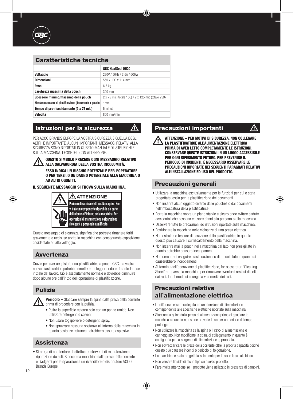 GBC H520 User Manual | Page 10 / 38