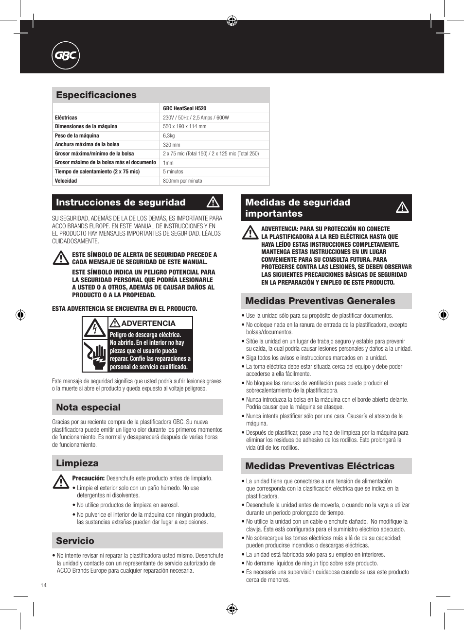 GBC H520 User Manual | Page 14 / 38