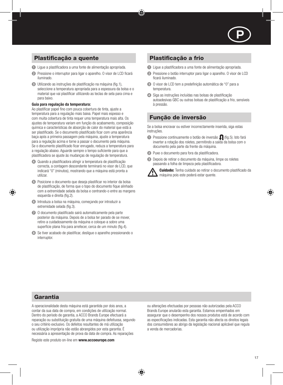 Plastificação a quente, Plastificação a frio, Função de inversão | Garantia | GBC H520 User Manual | Page 17 / 38