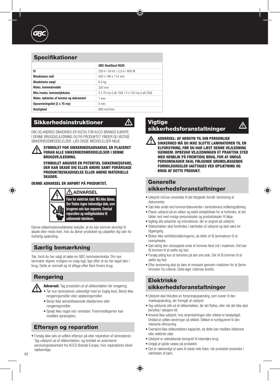 GBC H520 User Manual | Page 22 / 38