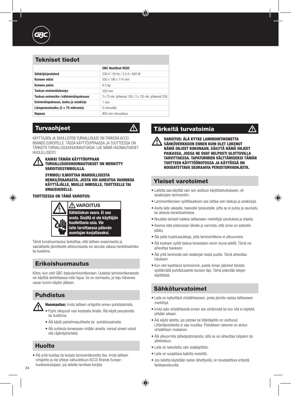 GBC H520 User Manual | Page 24 / 38
