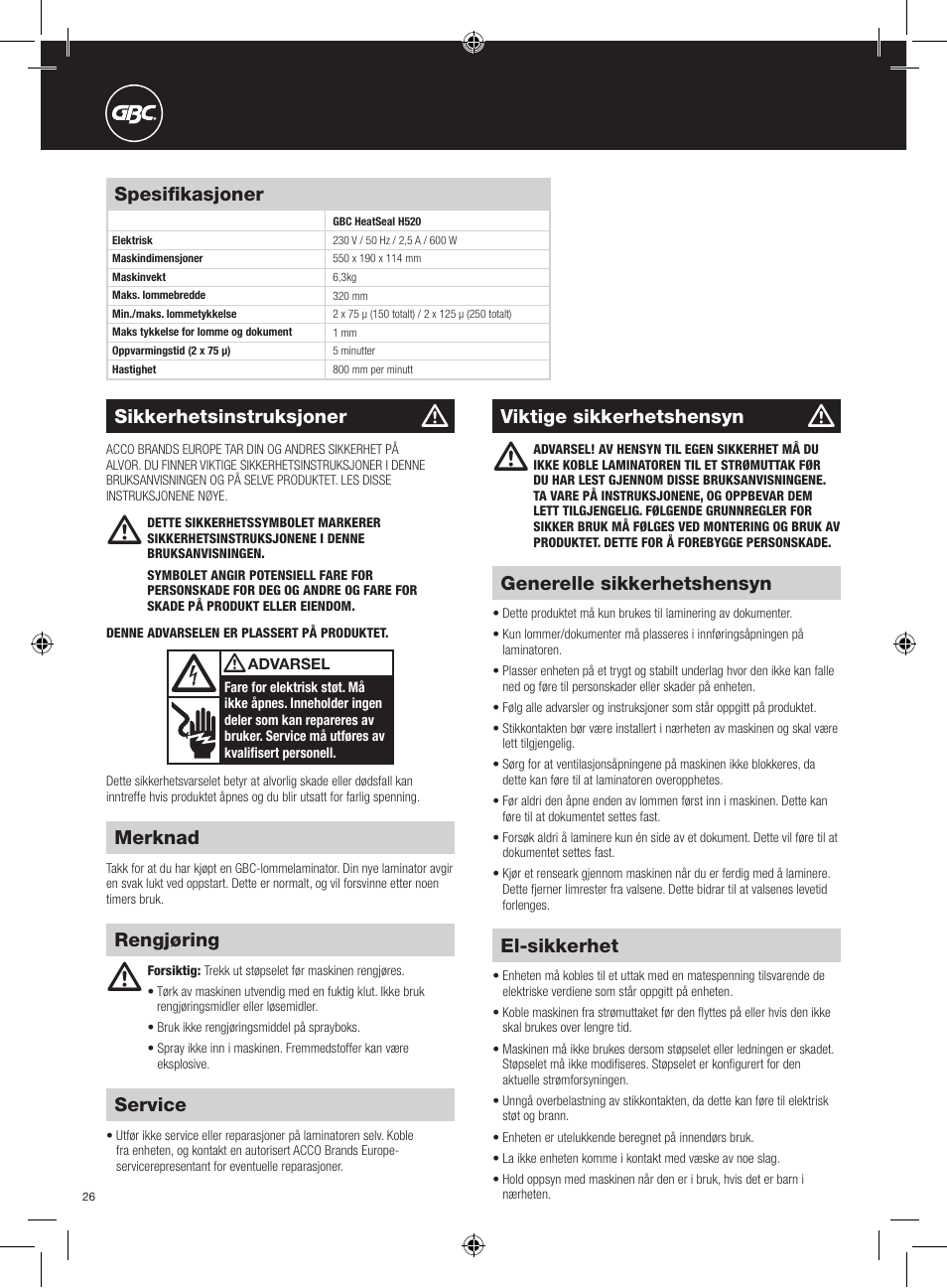 GBC H520 User Manual | Page 26 / 38