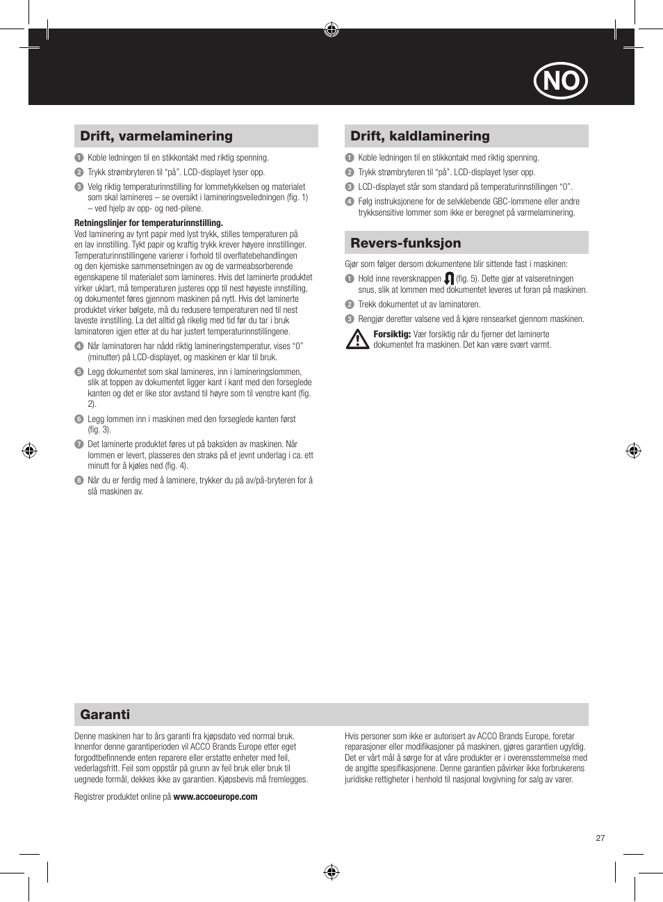 Drift, varmelaminering, Drift, kaldlaminering, Revers-funksjon | Garanti | GBC H520 User Manual | Page 27 / 38