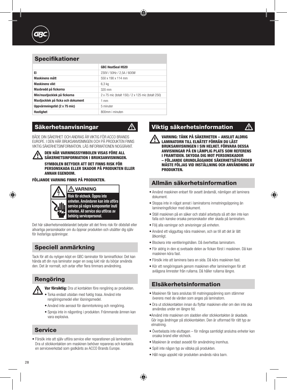 GBC H520 User Manual | Page 28 / 38