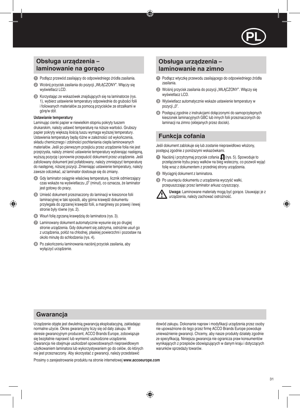 Obsługa urządzenia – laminowanie na gorąco, Obsługa urządzenia – laminowanie na zimno, Funkcja cofania | Gwarancja | GBC H520 User Manual | Page 31 / 38