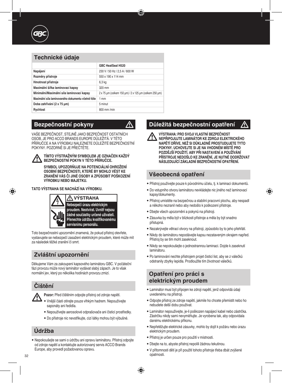 Zvláštní upozornění, Údržba, Opatření pro práci s elektrickým proudem | Všeobecná opatření, Bezpečnostní pokyny, Důležitá bezpečnostní opatření, Čištění technické údaje | GBC H520 User Manual | Page 32 / 38