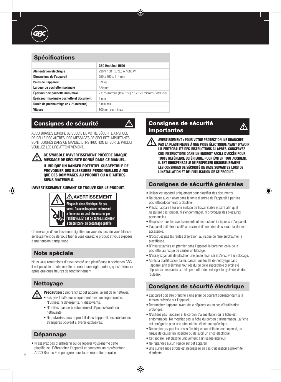 GBC H520 User Manual | Page 6 / 38