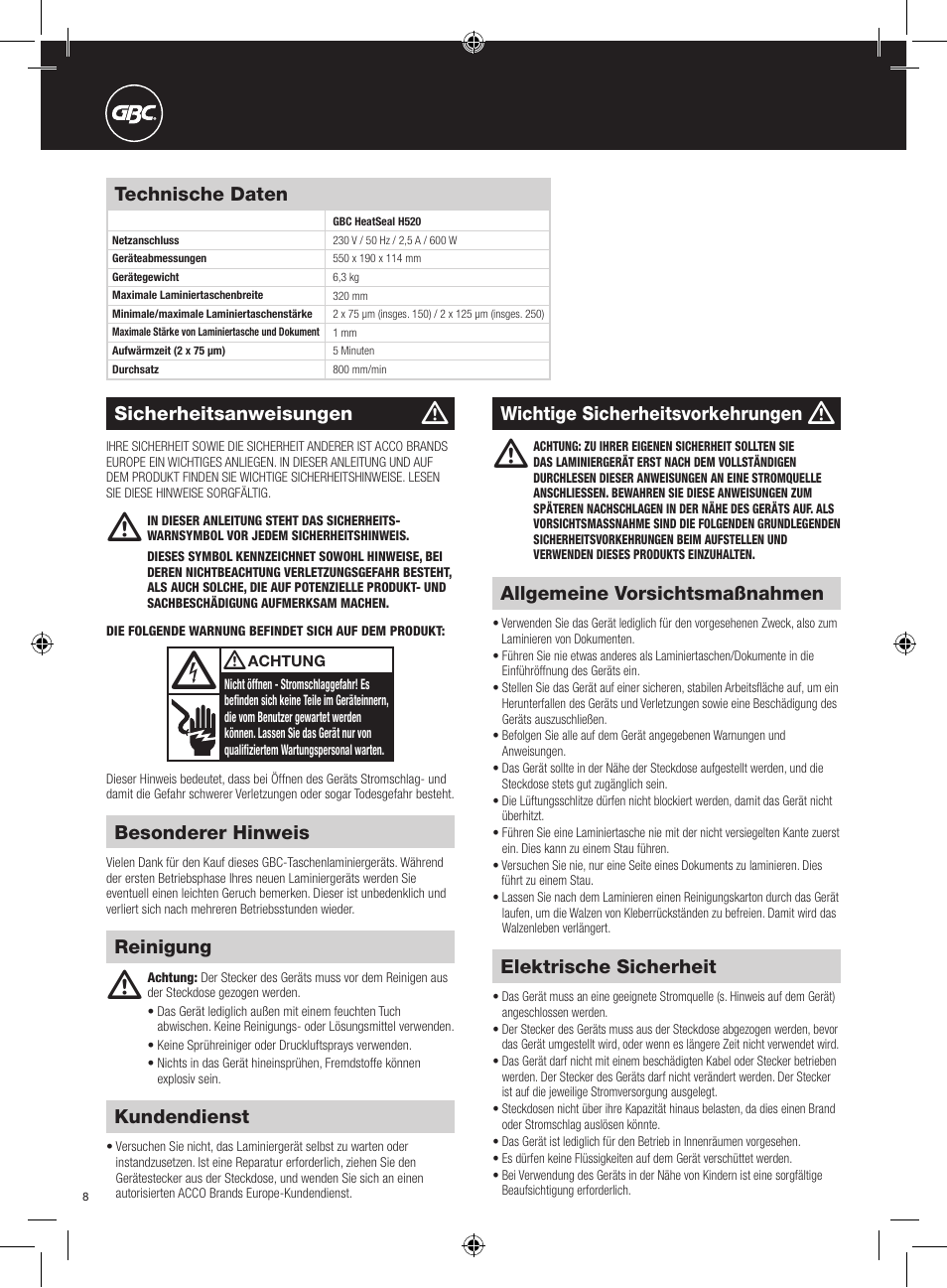GBC H520 User Manual | Page 8 / 38