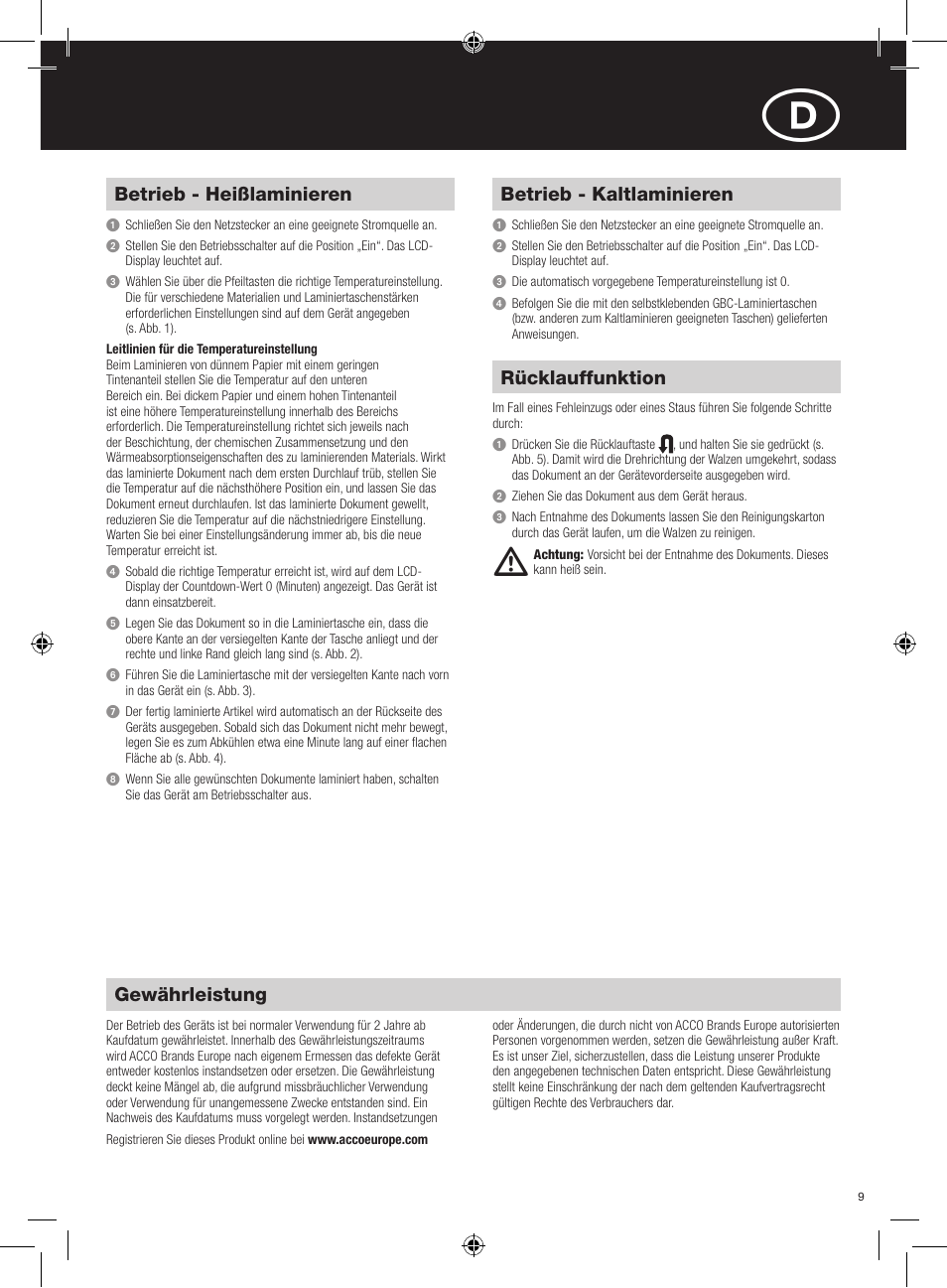 Wichtige sicherheitsvorkehrungen, Betrieb - heißlaminieren, Betrieb - kaltlaminieren | Rücklauffunktion, Gewährleistung | GBC H520 User Manual | Page 9 / 38