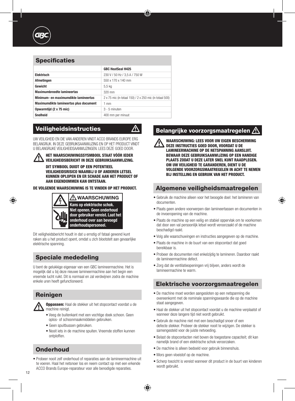 GBC H425 User Manual | Page 12 / 38