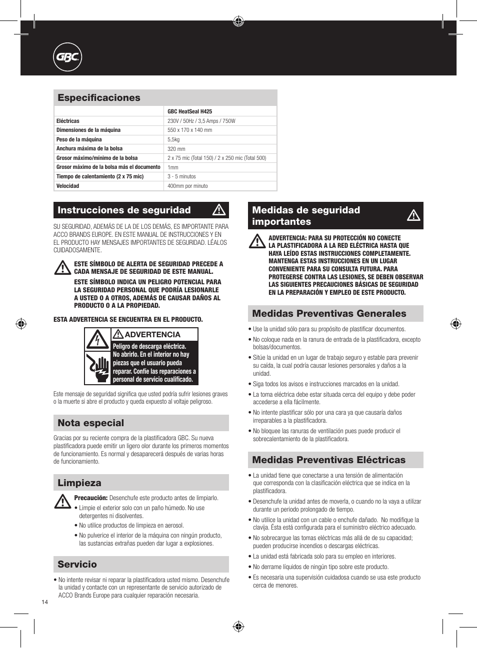 GBC H425 User Manual | Page 14 / 38