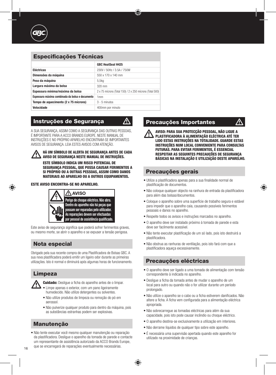 GBC H425 User Manual | Page 16 / 38