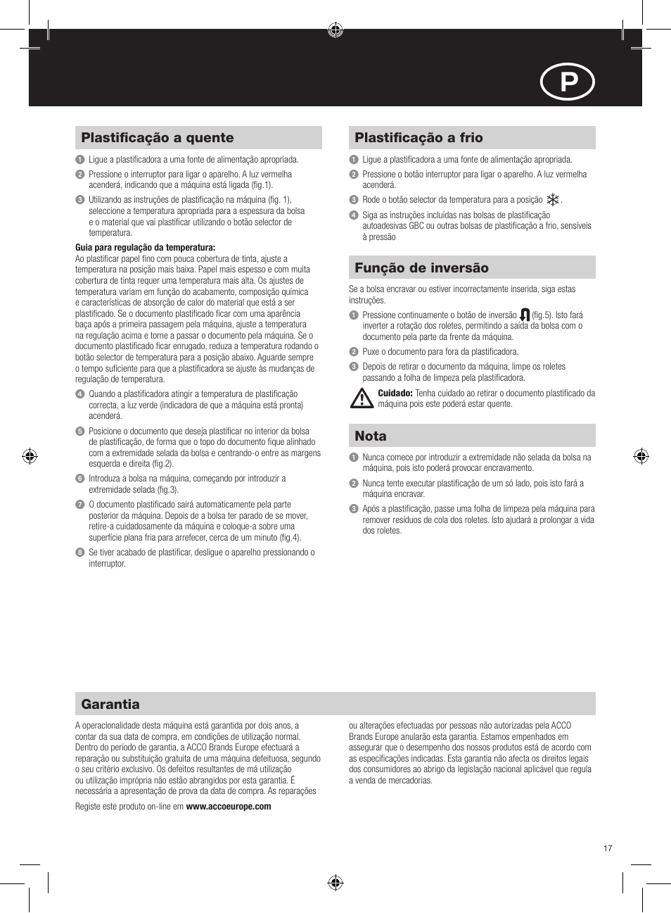 Plastificação a quente, Plastificação a frio, Função de inversão | Nota, Garantia | GBC H425 User Manual | Page 17 / 38