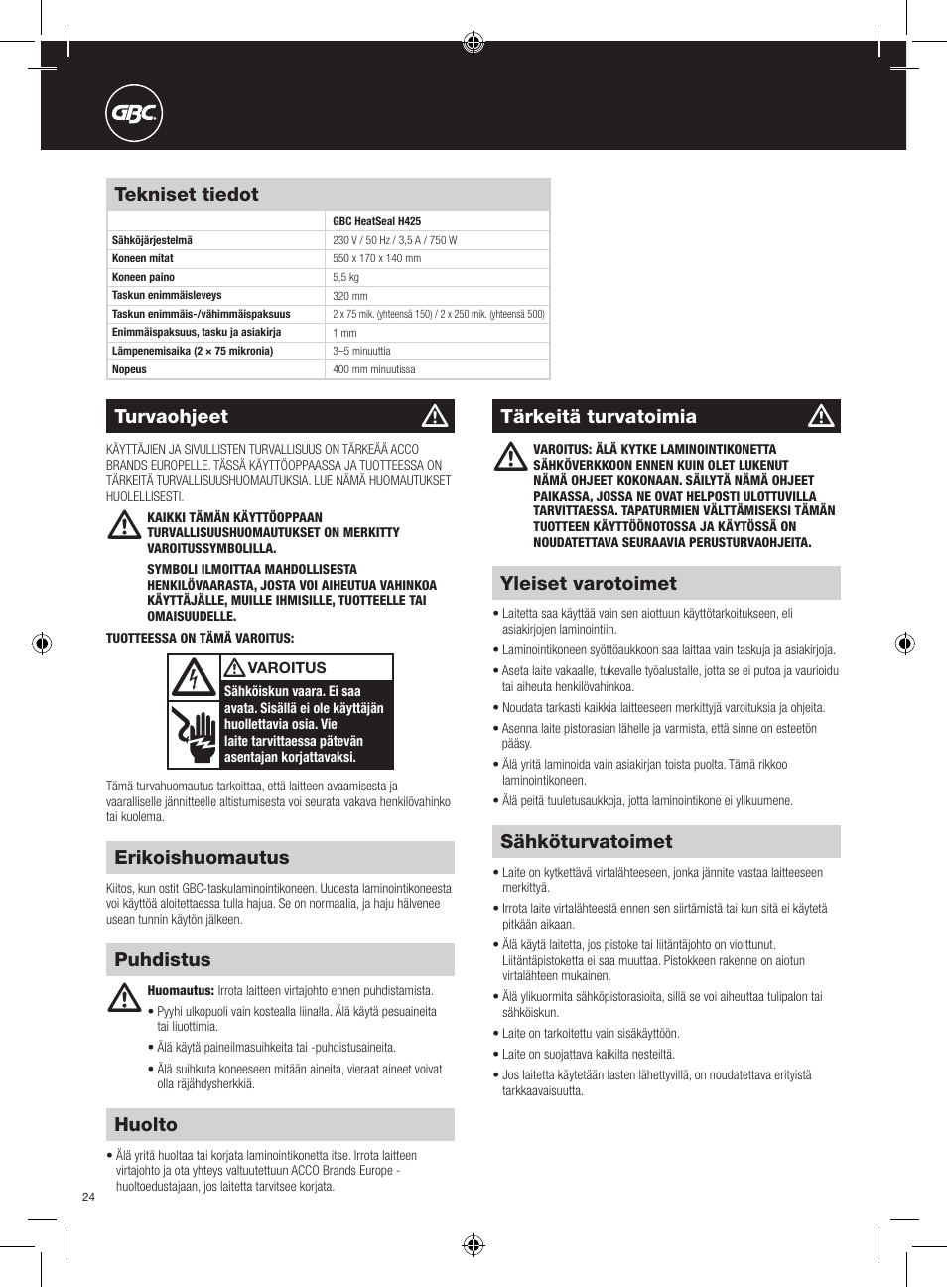 GBC H425 User Manual | Page 24 / 38