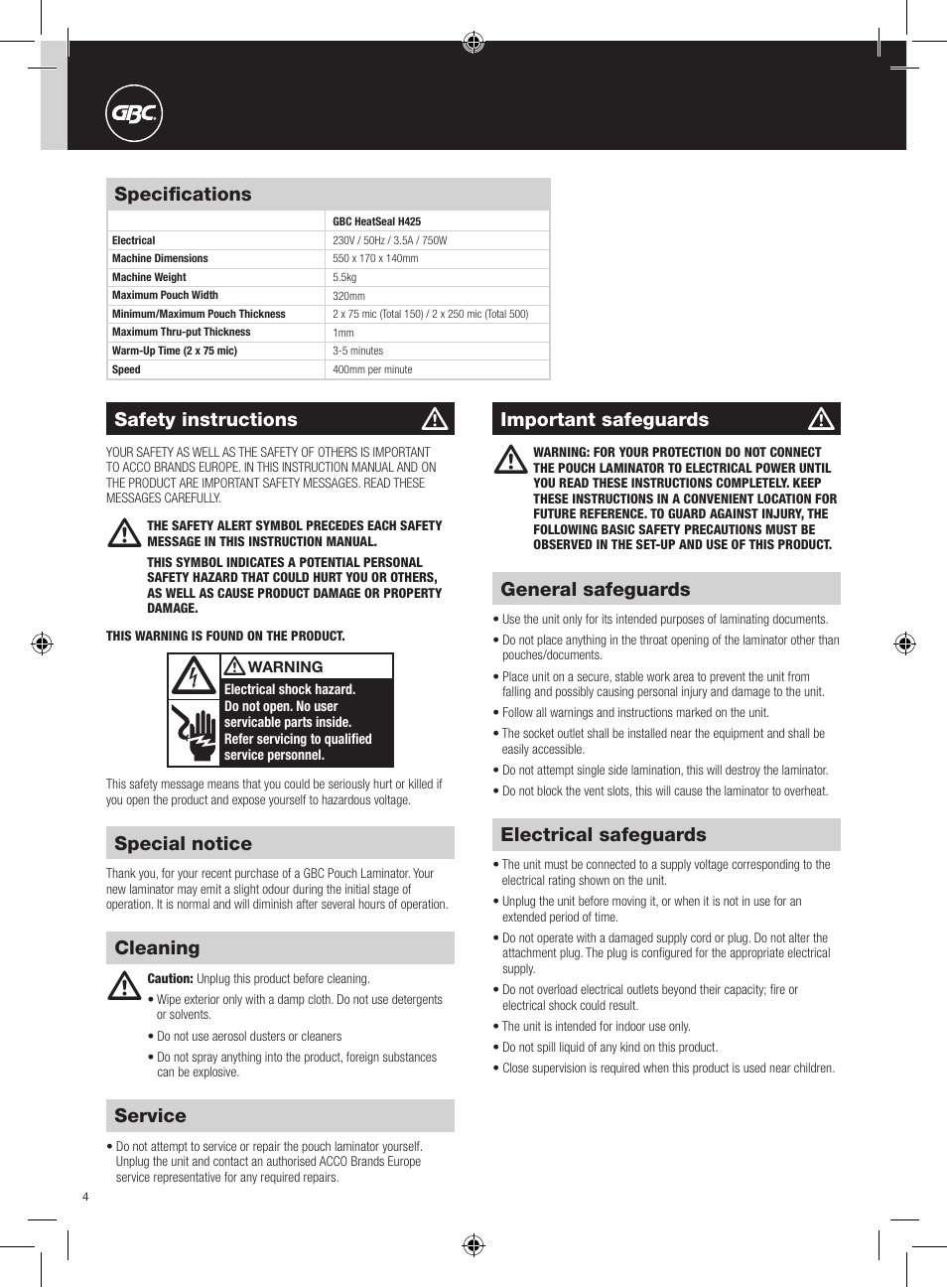 GBC H425 User Manual | Page 4 / 38