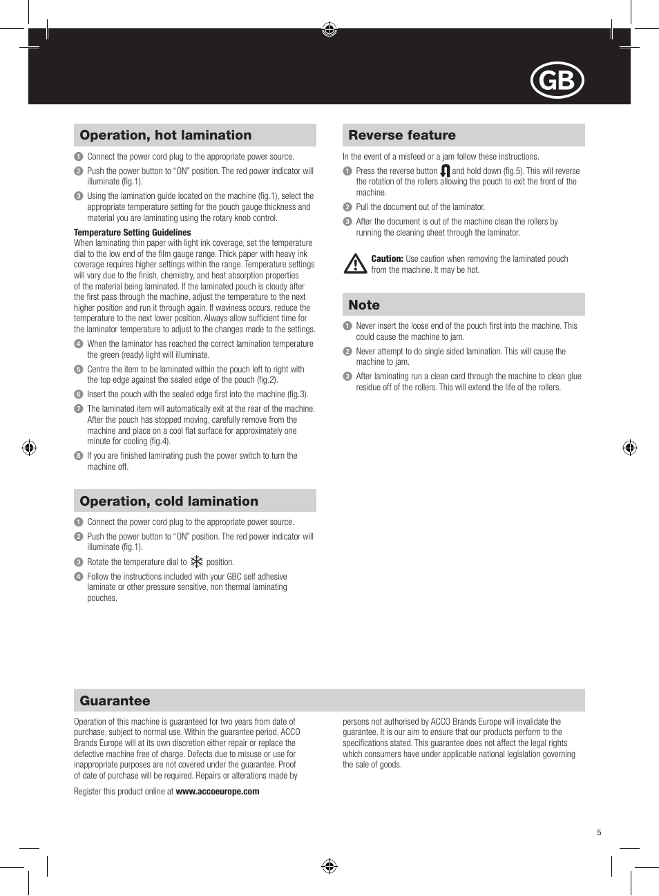 Operation, hot lamination, Operation, cold lamination, Reverse feature | Guarantee | GBC H425 User Manual | Page 5 / 38