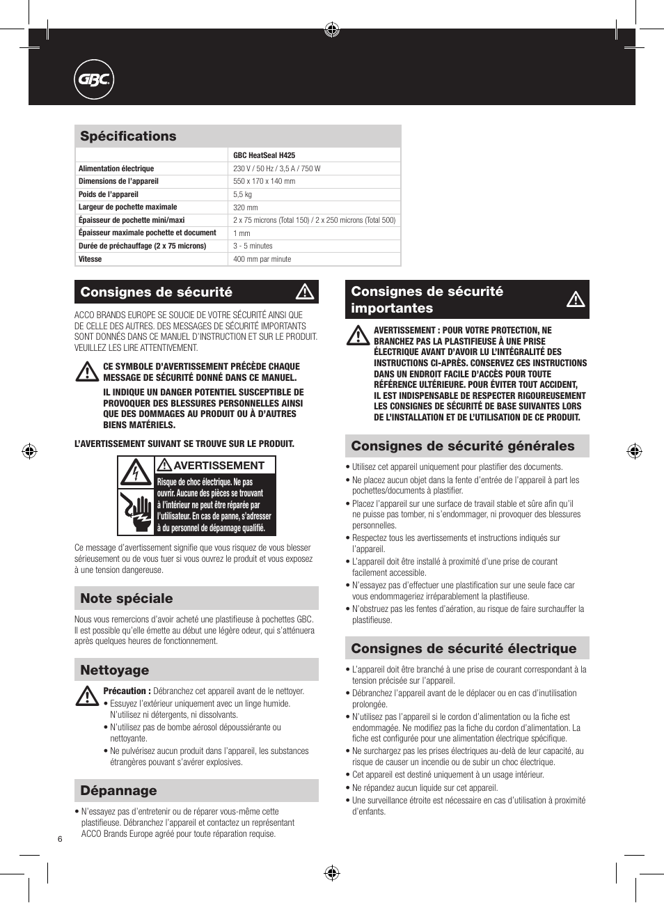 GBC H425 User Manual | Page 6 / 38