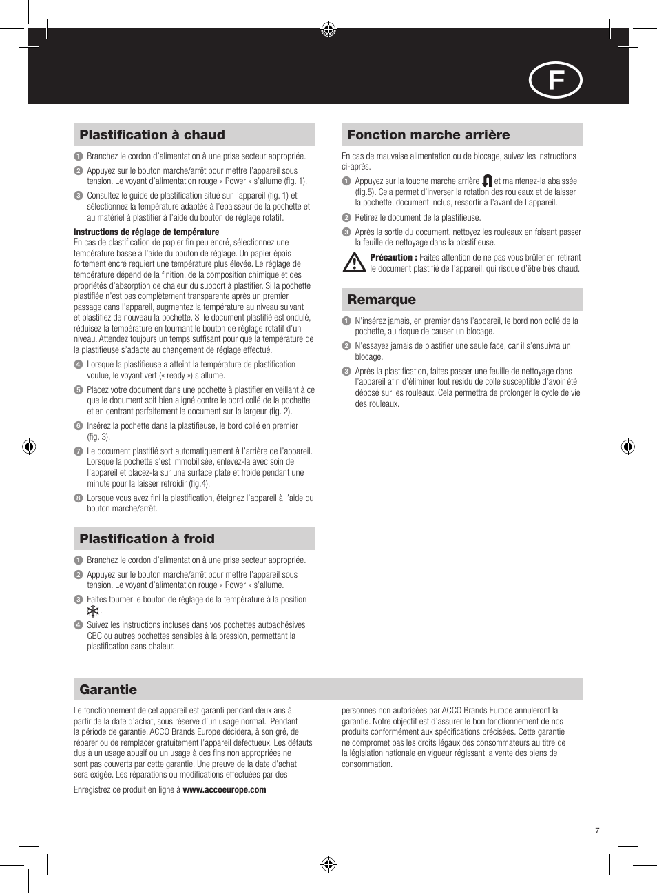 Plastification à chaud, Plastification à froid, Fonction marche arrière | Remarque, Garantie | GBC H425 User Manual | Page 7 / 38
