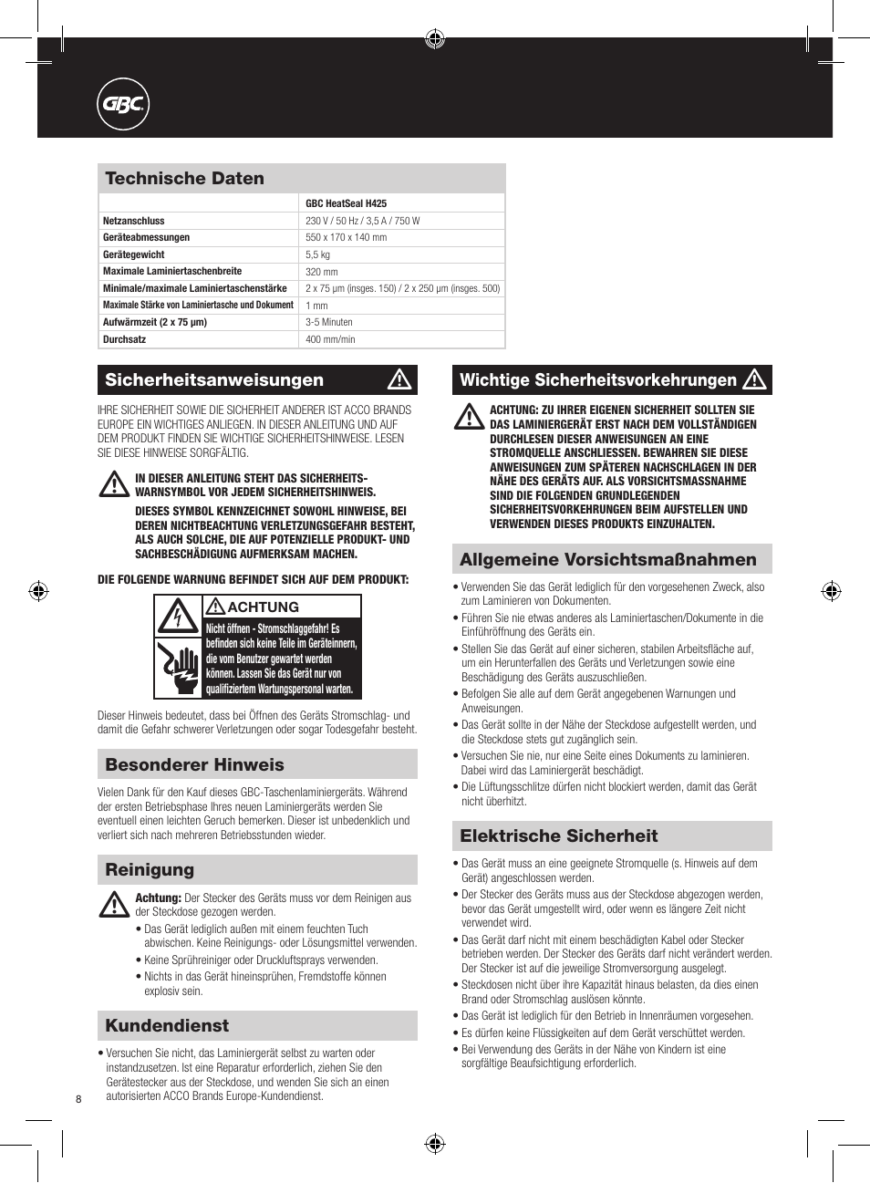 GBC H425 User Manual | Page 8 / 38