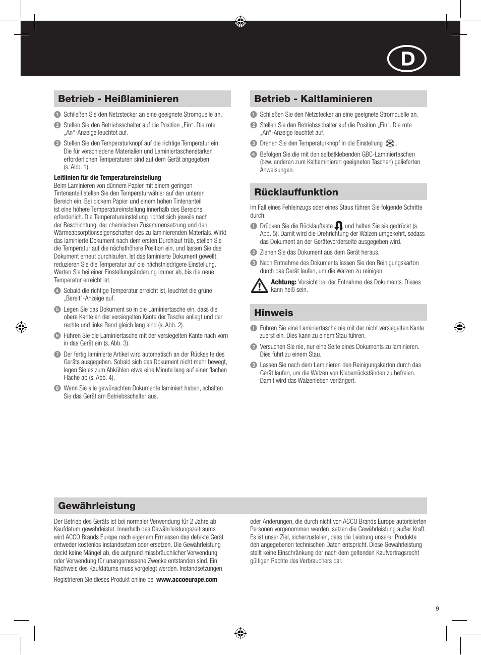 Wichtige sicherheitsvorkehrungen, Betrieb - heißlaminieren, Betrieb - kaltlaminieren | Rücklauffunktion, Hinweis, Gewährleistung | GBC H425 User Manual | Page 9 / 38