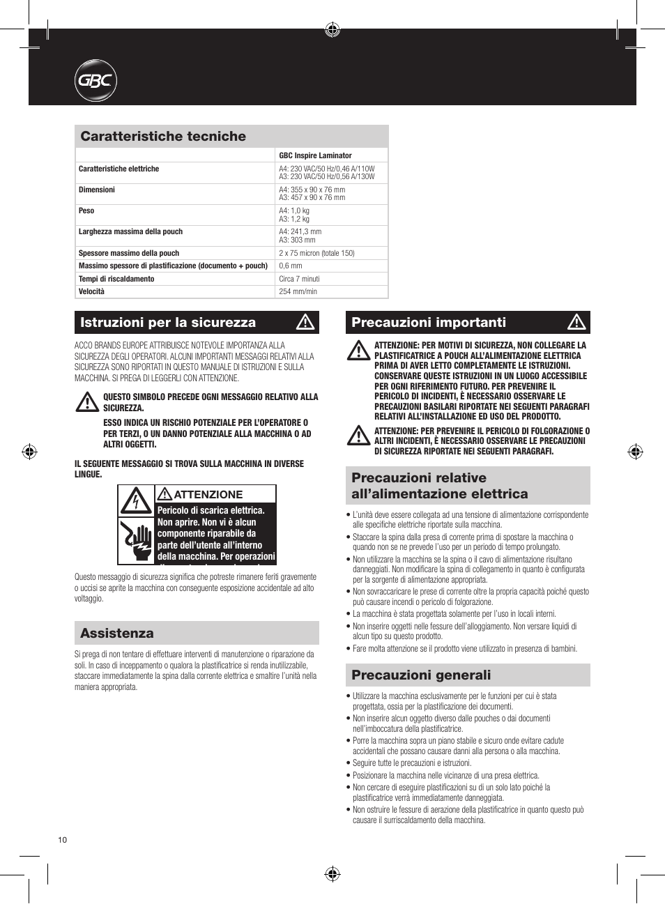 Precauzioni generali, Precauzioni relative all’alimentazione elettrica, Caratteristiche tecniche | Istruzioni per la sicurezza, Assistenza, Precauzioni importanti | GBC HeatSeal Inspire Laminator User Manual | Page 10 / 38