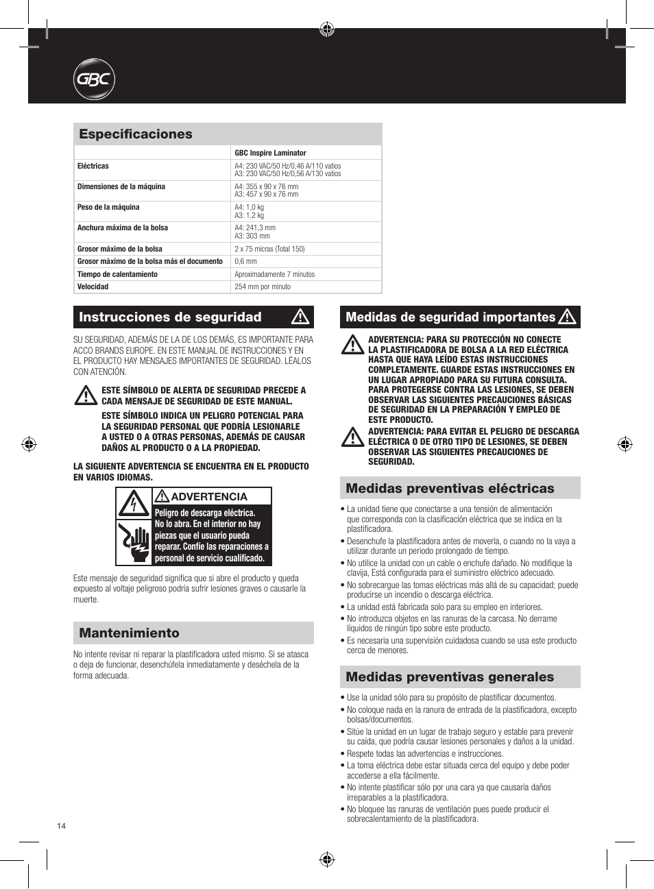 Medidas preventivas generales, Medidas preventivas eléctricas, Especificaciones | Instrucciones de seguridad, Mantenimiento, Medidas de seguridad importantes | GBC HeatSeal Inspire Laminator User Manual | Page 14 / 38