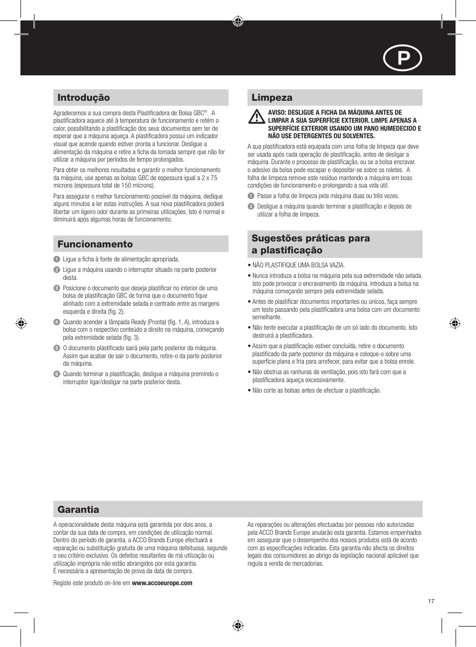 Garantia, Introdução, Limpeza funcionamento | Sugestões práticas para a plastificação | GBC HeatSeal Inspire Laminator User Manual | Page 17 / 38