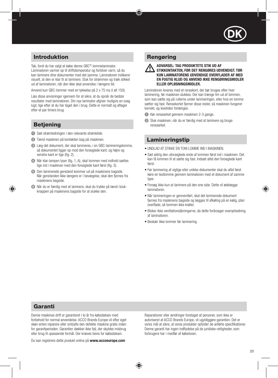 Garanti, Introduktion, Rengøring betjening | Lamineringstip | GBC HeatSeal Inspire Laminator User Manual | Page 23 / 38