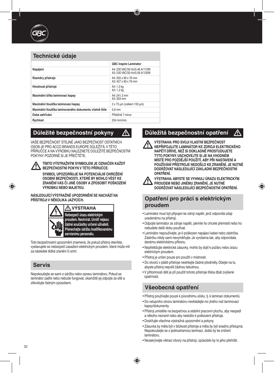 Všeobecná opatření, Opatření pro práci s elektrickým proudem, Technické údaje | Důležité bezpečnostní pokyny, Servis, Důležitá bezpečnostní opatření | GBC HeatSeal Inspire Laminator User Manual | Page 32 / 38