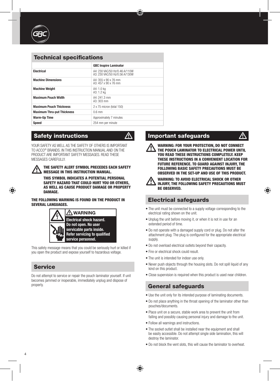 General safeguards, Electrical safeguards, Technical specifications | Safety instructions, Service, Important safeguards | GBC HeatSeal Inspire Laminator User Manual | Page 4 / 38