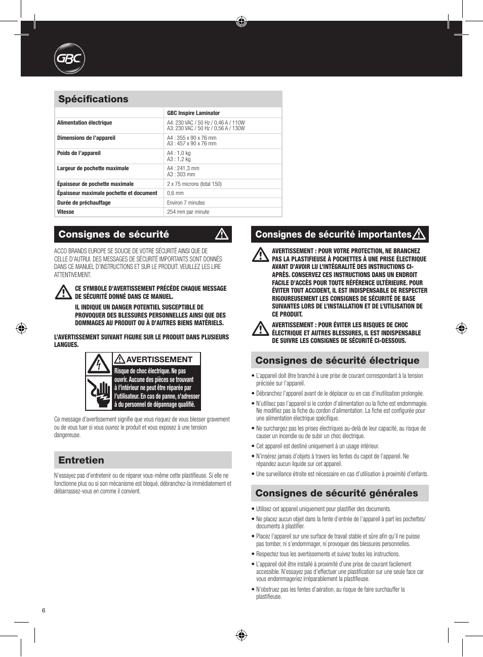 Consignes de sécurité générales, Consignes de sécurité électrique, Spécifications | Consignes de sécurité, Entretien, Consignes de sécurité importantes | GBC HeatSeal Inspire Laminator User Manual | Page 6 / 38