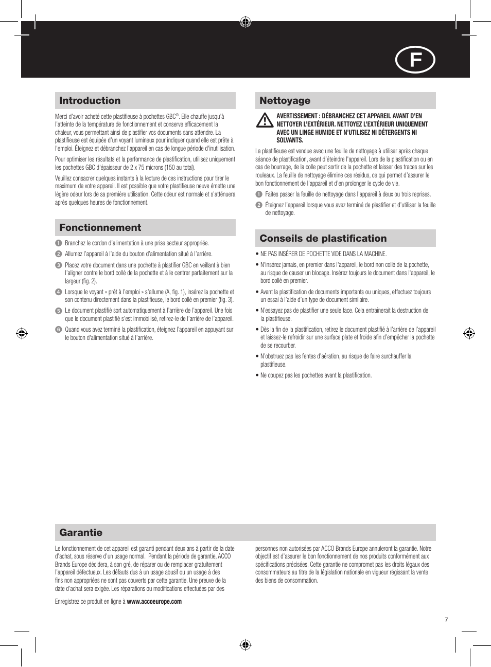 Garantie, Introduction, Nettoyage fonctionnement | Conseils de plastification | GBC HeatSeal Inspire Laminator User Manual | Page 7 / 38