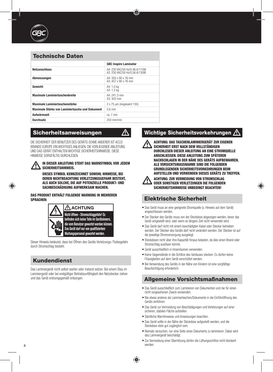Allgemeine vorsichtsmaßnahmen, Elektrische sicherheit, Technische daten | Sicherheitsanweisungen, Kundendienst, Wichtige sicherheitsvorkehrungen | GBC HeatSeal Inspire Laminator User Manual | Page 8 / 38