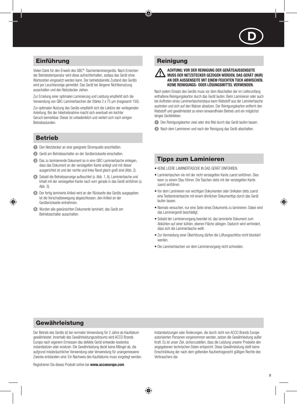 Gewährleistung, Einführung, Reinigung betrieb | Tipps zum laminieren | GBC HeatSeal Inspire Laminator User Manual | Page 9 / 38