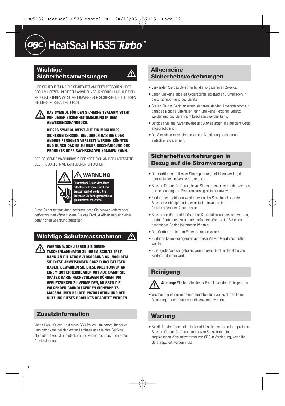 GBC H535 Turbo User Manual | Page 12 / 54