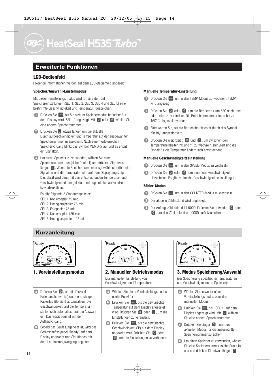 Erweiterte funktionen, Kurzanleitung, Lcd-bedienfeld | Voreinstellungsmodus, Modus speicherung/auswahl, Manueller betriebsmodus | GBC H535 Turbo User Manual | Page 14 / 54