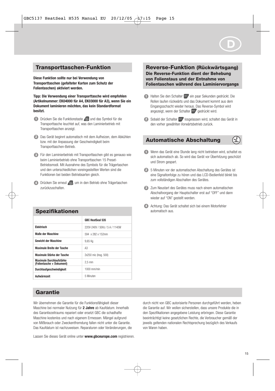 Spezifikationen, Garantie, Automatische abschaltung | Transporttaschen-funktion, Reverse-funktion | GBC H535 Turbo User Manual | Page 15 / 54