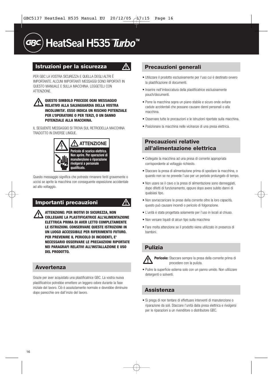 GBC H535 Turbo User Manual | Page 16 / 54
