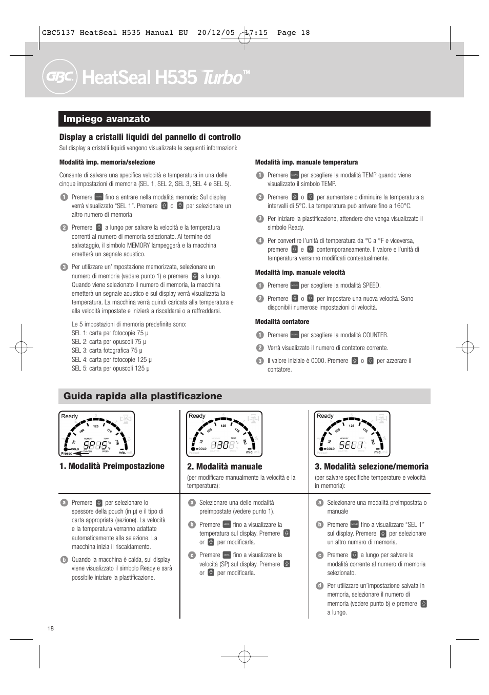 Impiego avanzato, Guida rapida alla plastificazione, Modalità preimpostazione | Modalità manuale | GBC H535 Turbo User Manual | Page 18 / 54