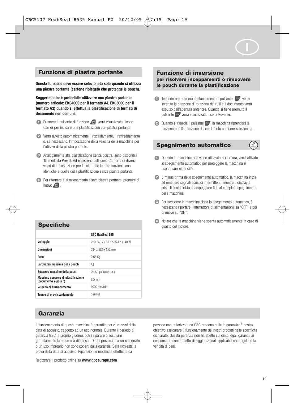 Garanzia, Specifiche, Spegnimento automatico | Funzione di piastra portante, Funzione di inversione | GBC H535 Turbo User Manual | Page 19 / 54