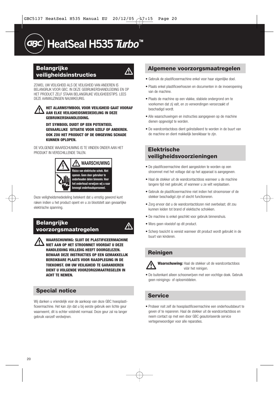 GBC H535 Turbo User Manual | Page 20 / 54