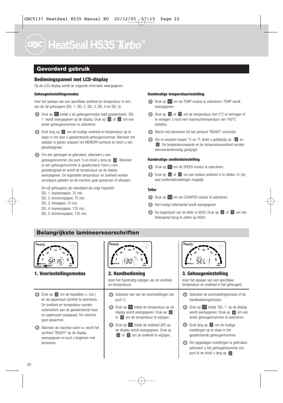 Gevorderd gebruik, Belangrijkste lamineervoorschriften, Bedieningspaneel met lcd-display | Voorinstellingsmodus, Geheugeninstelling, Handbediening | GBC H535 Turbo User Manual | Page 22 / 54